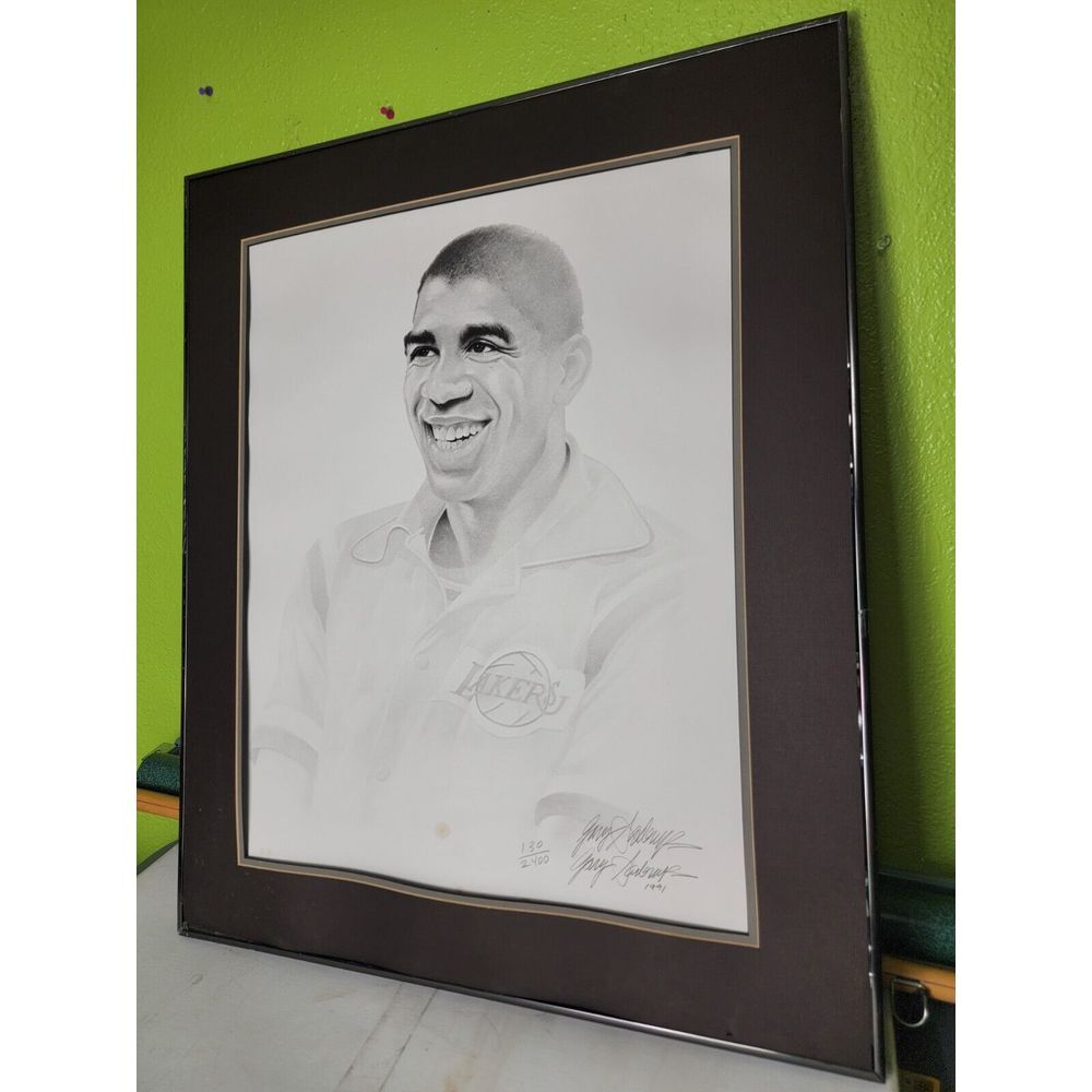 Magic Johnson Gary Sederup Artwork Signed Vintage 90s Large Framed Limited /2400